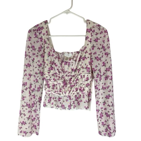 Kirious LA Floral Crop Top Medium Boned Ruched Ruffle Sleeve‎ Cottagecore Purple - Picture 1 of 8